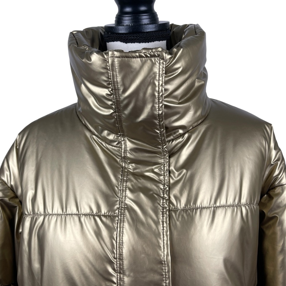 DKNY Sport Women's Puffer Jacket Large Metallic Gold Cropped Carrying Straps - Picture 3 of 14